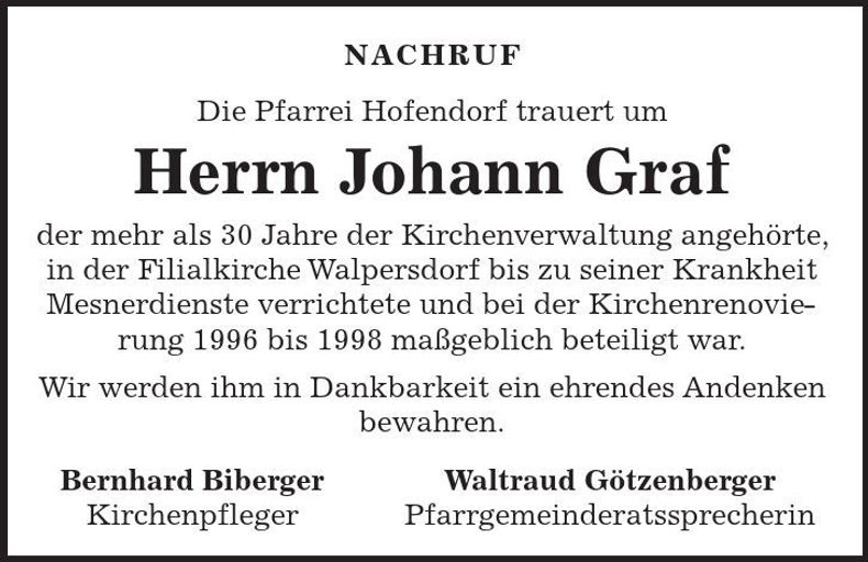 Traueranzeige Johann Graf