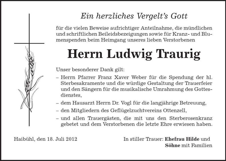 Traueranzeige Ludwig Traurig
