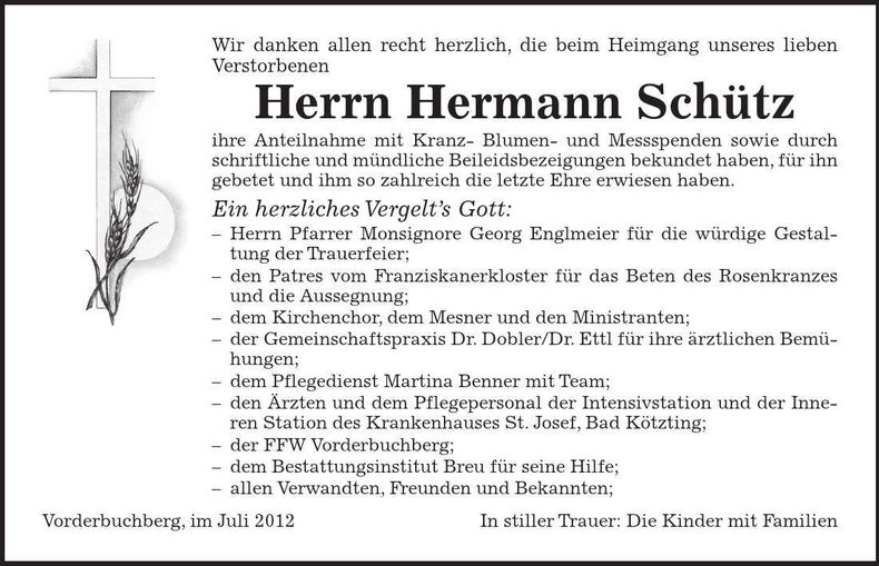 Traueranzeige Hermann Schütz