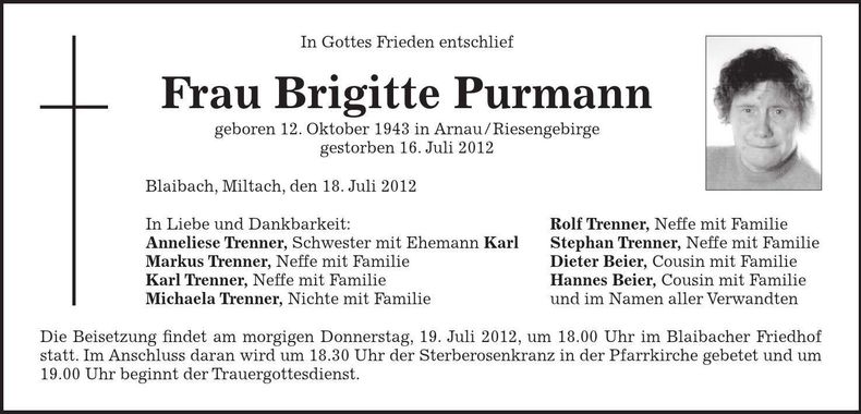 Traueranzeige Brigitte Purmann