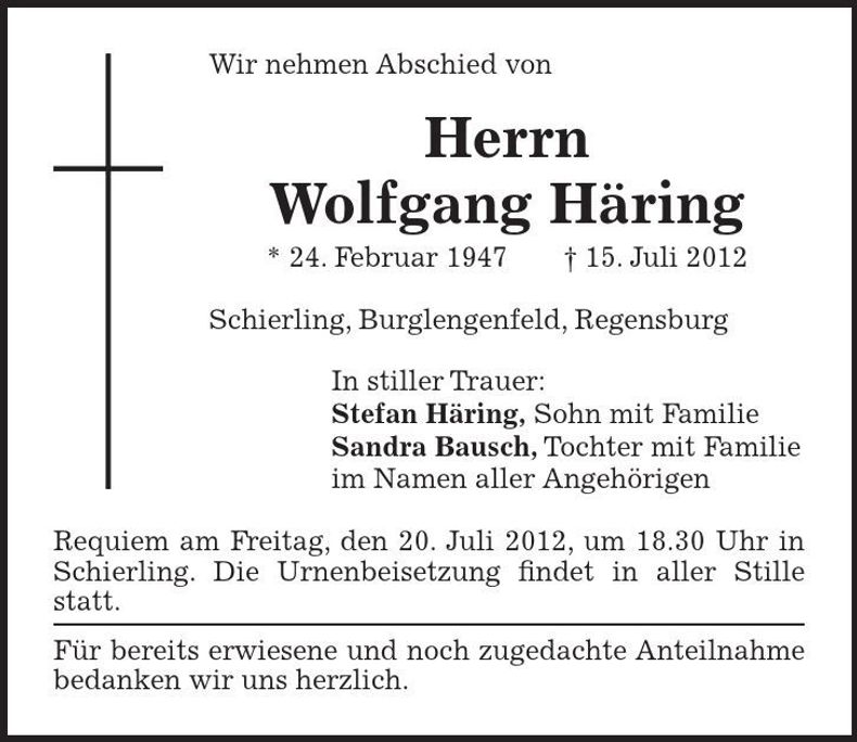 Traueranzeige wolfgang Häring