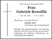 Traueranzeige Gabriele Kowollik