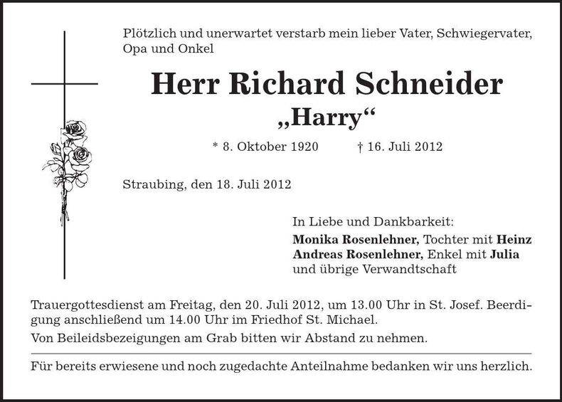 Traueranzeige Richard Schneider