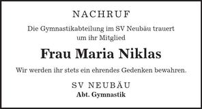 Traueranzeige Maria Niklas