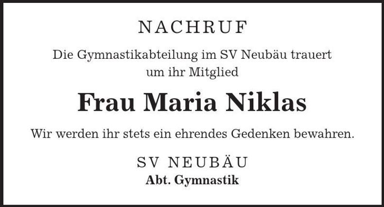Traueranzeige Maria Niklas