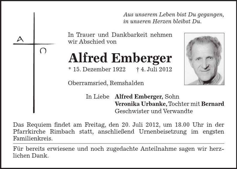 Traueranzeige Alfred Emberger