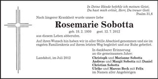 Traueranzeige Rosemarie Sobotta
