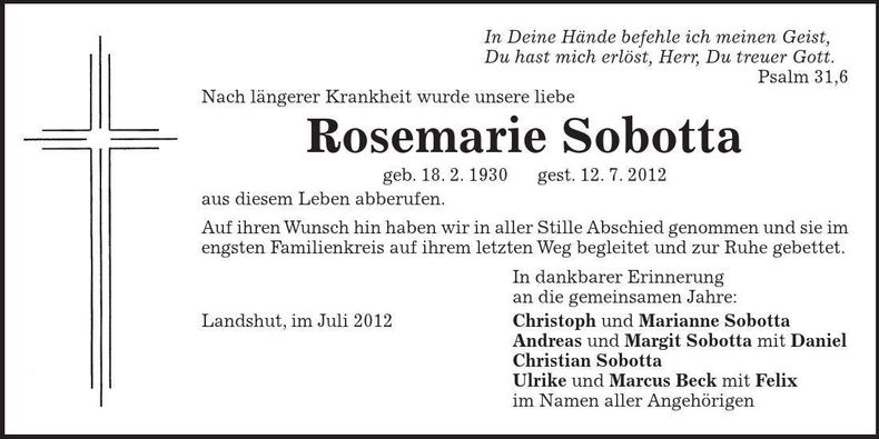 Traueranzeige Rosemarie Sobotta