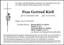Traueranzeige Gertrud Kiefl