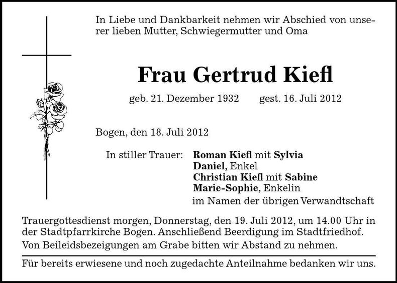 Traueranzeige Gertrud Kiefl