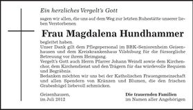 Traueranzeige Magdalena Hundhammer
