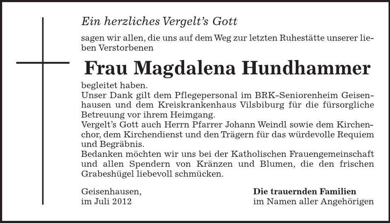 Traueranzeige Magdalena Hundhammer