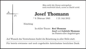 Traueranzeige Josef Thomann