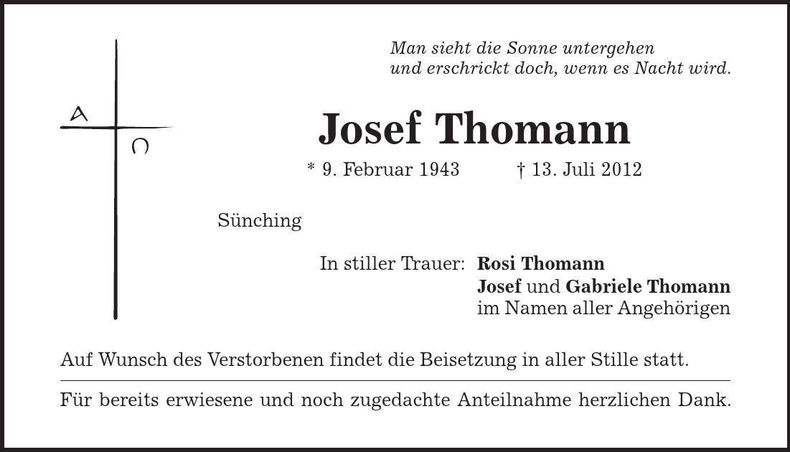 Traueranzeige Josef Thomann
