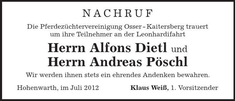 Traueranzeige Alfons, Andreas Dietl, Pöschl