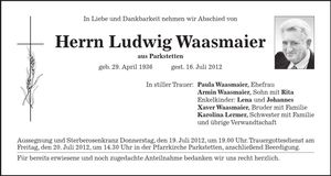 Traueranzeige Ludwig Waasmeier