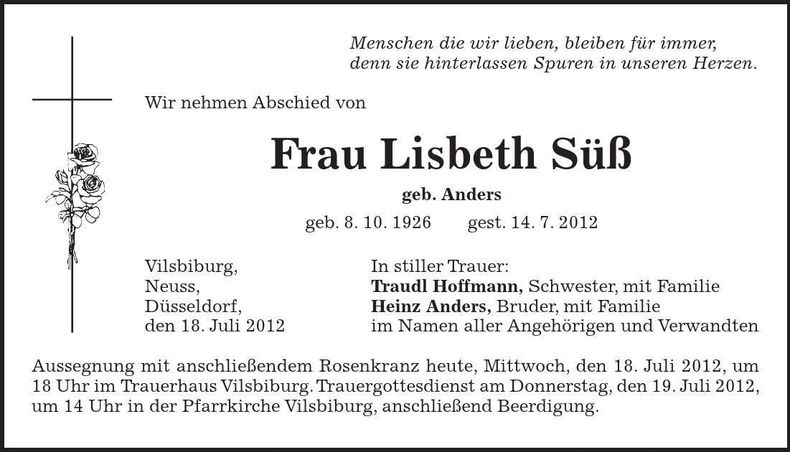 Traueranzeige Lisbeth Süß