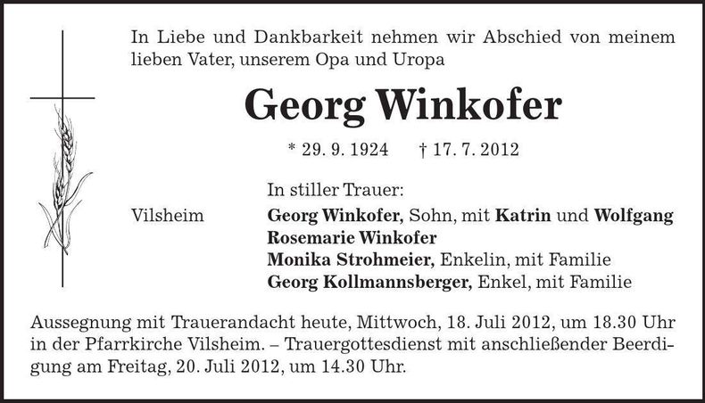 Traueranzeige Georg Winkofer