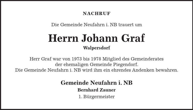 Traueranzeige Johann Graf
