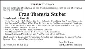 Traueranzeige Theresia Stuber