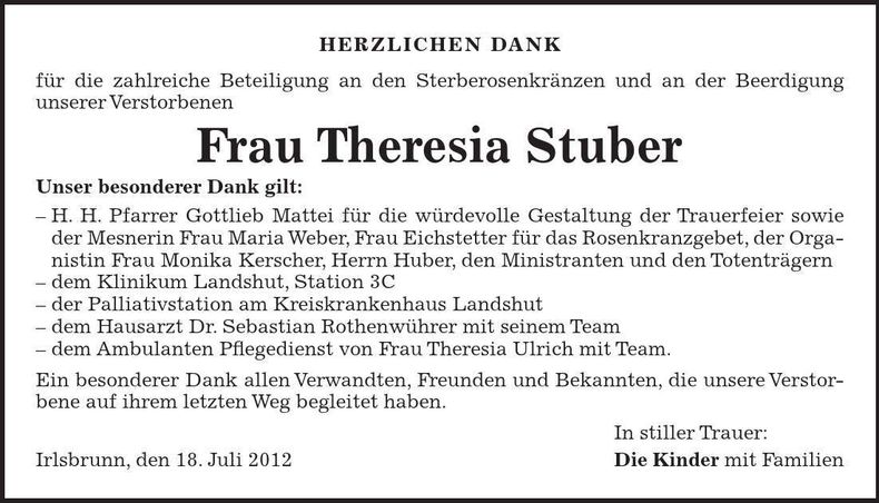 Traueranzeige Theresia Stuber