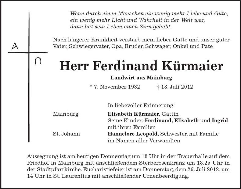 Traueranzeige Ferdinand Kürmaier