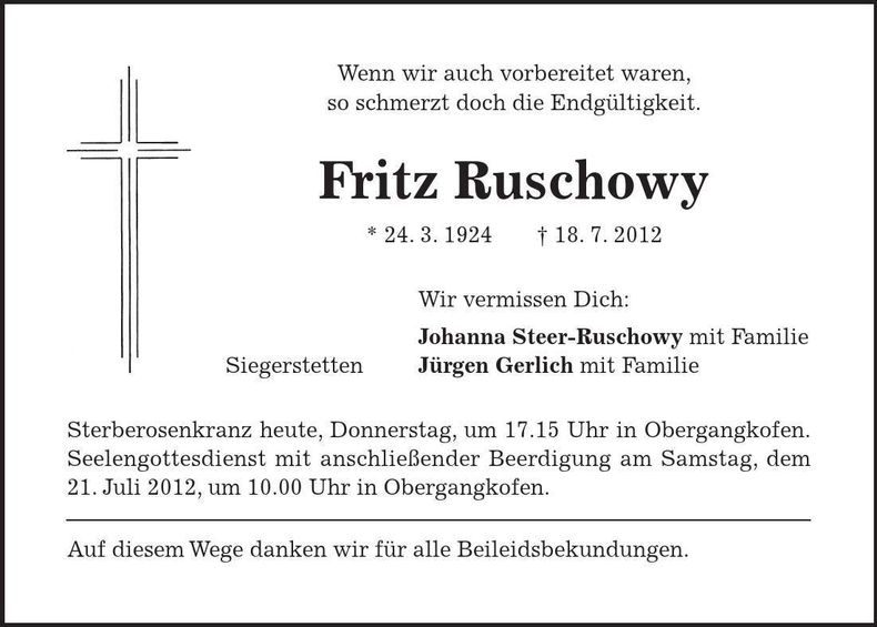Traueranzeige Fritz Ruschowy