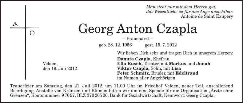 Traueranzeige Georg Anton Czapla