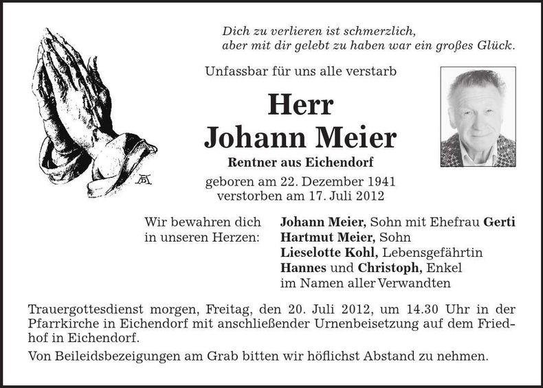Traueranzeige Johann Meier
