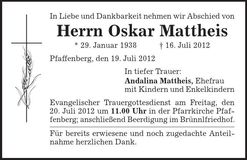 Traueranzeige Oskar Mattheis