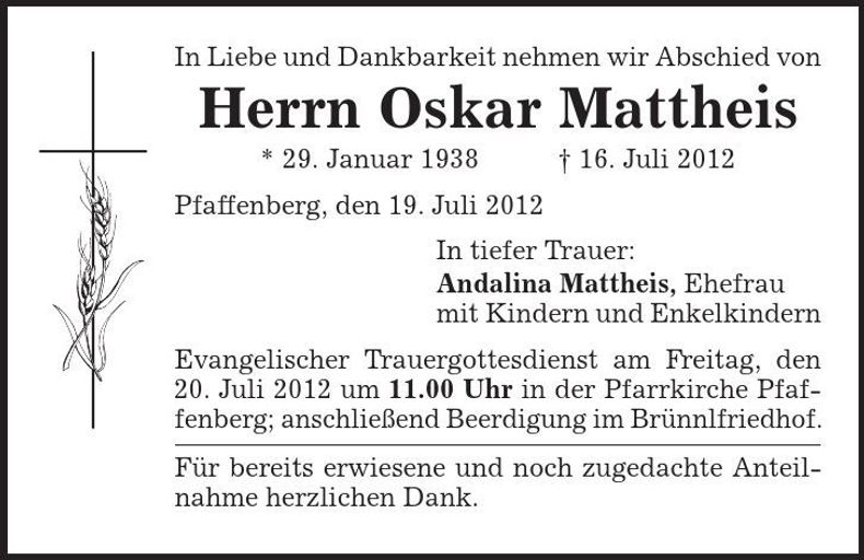 Traueranzeige Oskar Mattheis