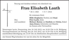 Traueranzeige Elisabeth Lauth