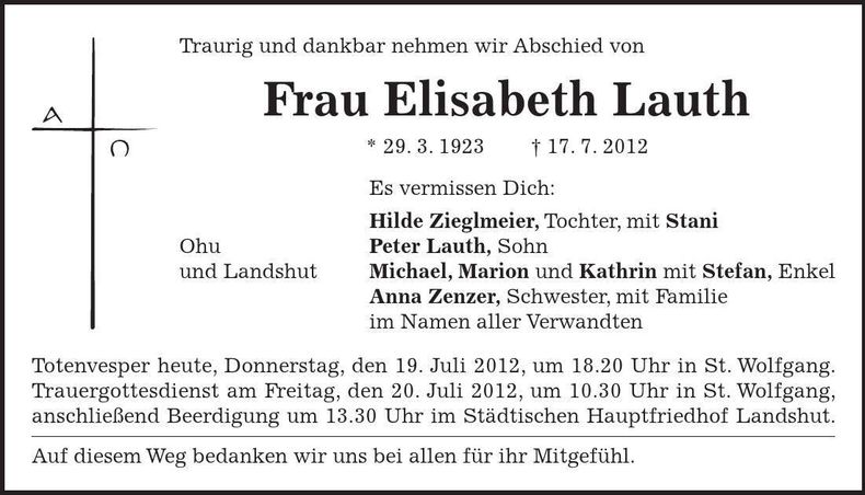 Traueranzeige Elisabeth Lauth