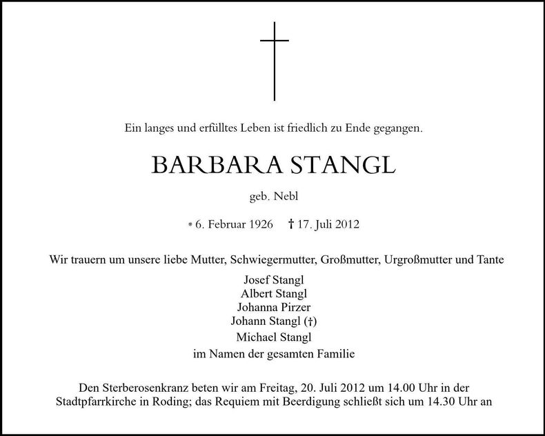 Traueranzeige Barbara Stangl