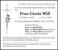 Traueranzeige Gisela Will