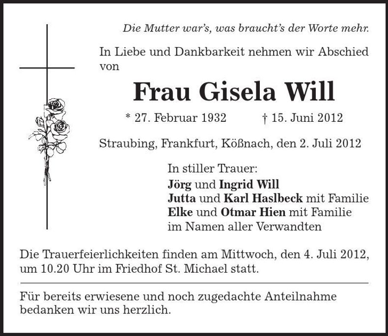 Traueranzeige Gisela Will