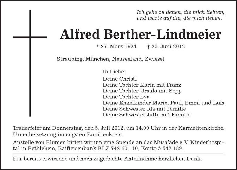 Traueranzeige Alfred Berther-Lindmeier