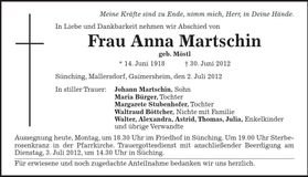 Traueranzeige Anna Martschin