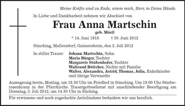 Traueranzeige Anna Martschin