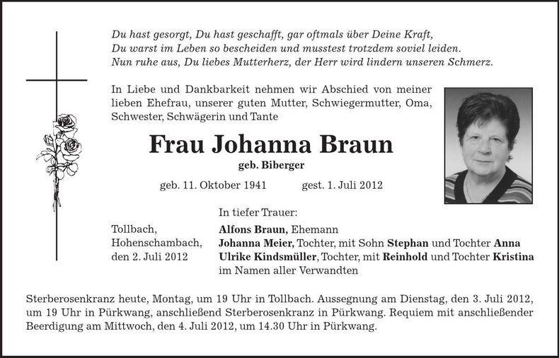 Traueranzeige Johanna Braun