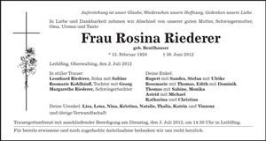 Traueranzeige Rosina Riederer