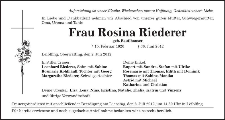 Traueranzeige Rosina Riederer