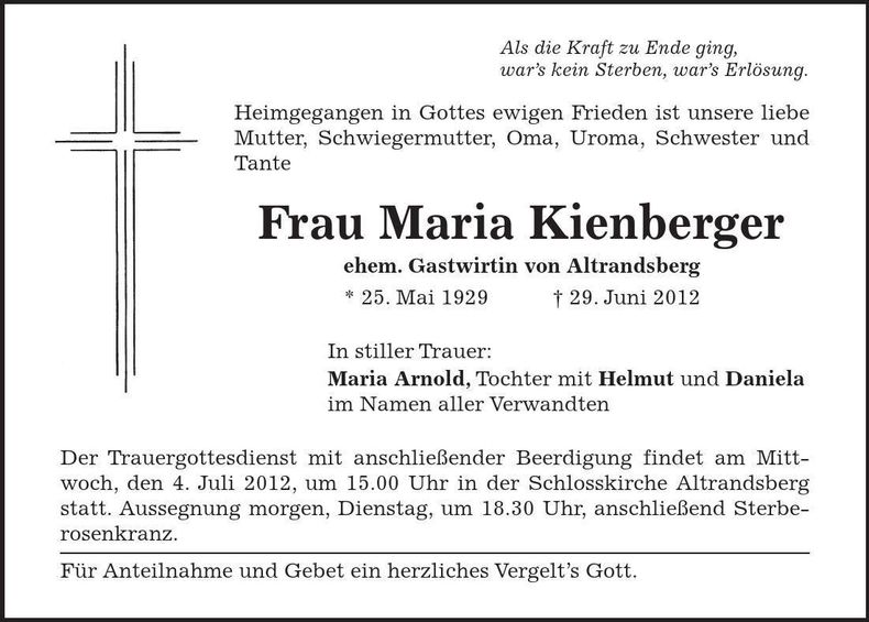 Traueranzeige Maria Kienberger