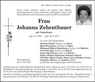 Traueranzeige Johanna Zehentbauer