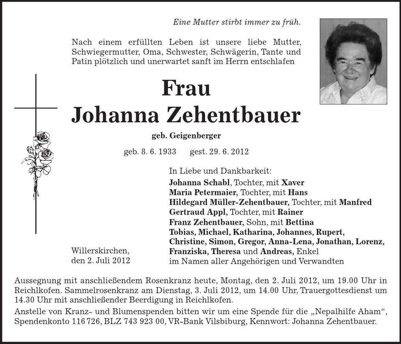 Traueranzeige Johanna Zehentbauer