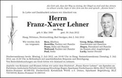 Traueranzeige Franz-Xaver Lehner