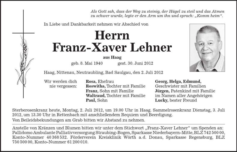 Traueranzeige Franz-Xaver Lehner
