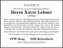 Traueranzeige Xaver Lehner