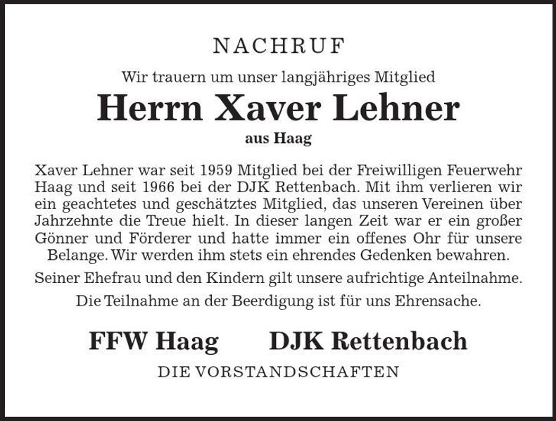 Traueranzeige Xaver Lehner