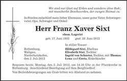 Traueranzeige Franz Xaver Sixt